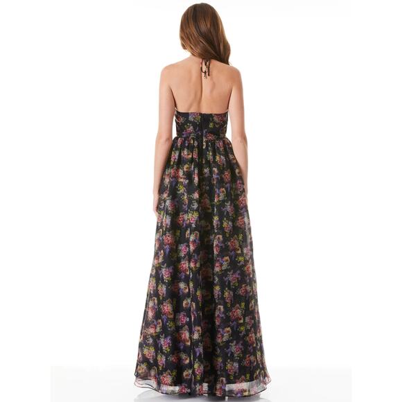 ALICE + OLIVIA SAORI MAGNOLIA FLORAL BLACK SILK MAXI PRINCESS GOWN SIZE 2 NWT - Picture 4 of 8